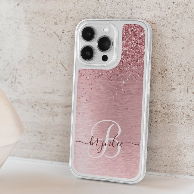 Blush Pink Brushed Metal Glitter Monogram Name Speck iPhone Case (Creator Uploaded)