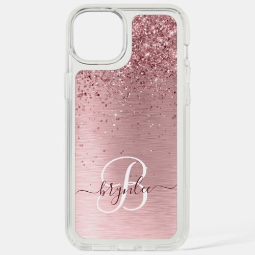 Blush Pink Brushed Metal Glitter Monogram Name iPhone 15 Plus Case