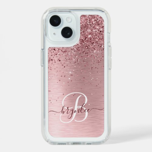 Blush Pink Brushed Metal Glitter Monogram Name iPhone 15 Case