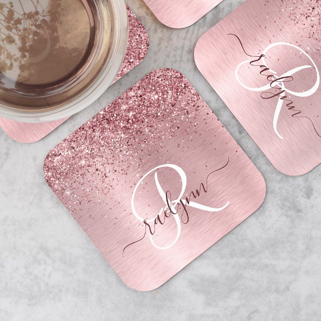 Blush Pink Brushed Metal Glitter Monogram Name Square Paper Coaster (Creator Uploaded)