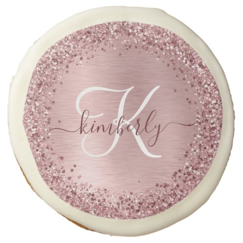 Blush Pink Brushed Metal Glitter Monogram Name Sugar Cookie