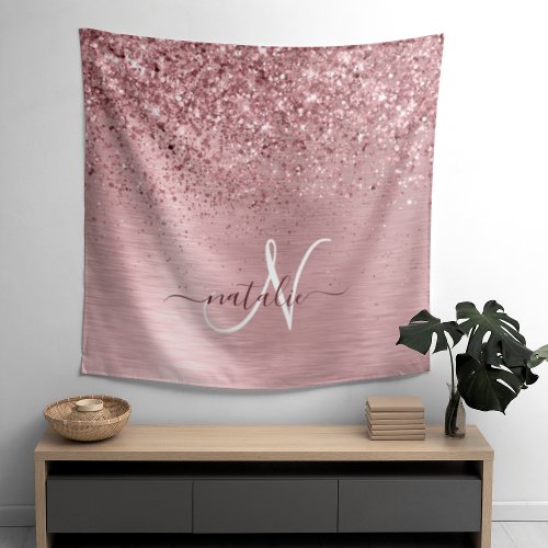 Blush Pink Brushed Metal Glitter Monogram Name Tapestry