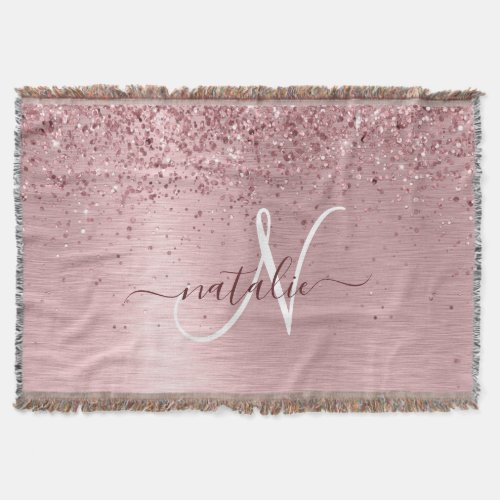 Blush Pink Brushed Metal Glitter Monogram Name Throw Blanket