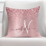 Blush Pink Brushed Metal Glitter Monogram Name Throw Pillow