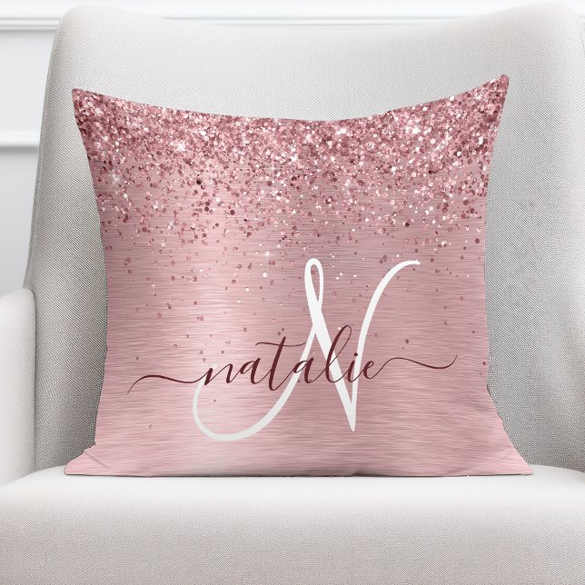 Blush Pink Brushed Metal Glitter Monogram Name Throw Pillow (Creator Uploaded)