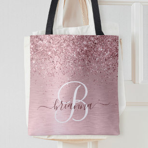 Blush Pink Brushed Metal Glitter Monogram Name Tote Bag
