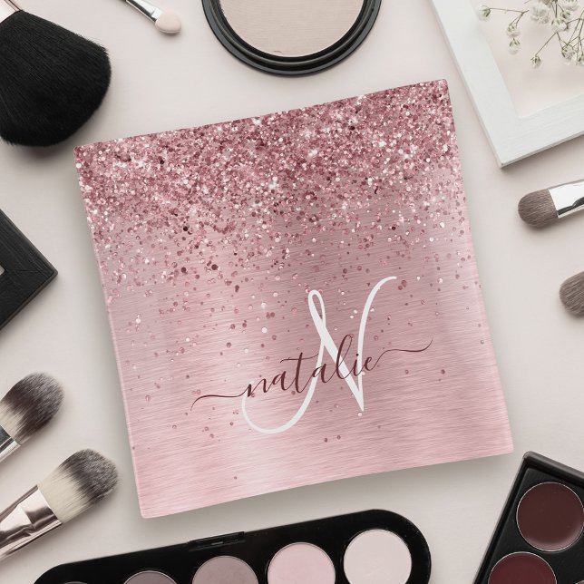 Blush Pink Brushed Metal Glitter Monogram Name Trinket Tray (Creator Uploaded)