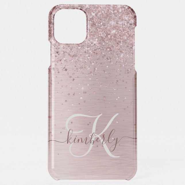 Blush Pink Brushed Metal Glitter Monogram Name Uncommon iPhone Case (Back)