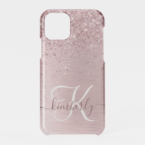 Blush Pink Brushed Metal Glitter Monogram Name iPhone 11 Pro Case