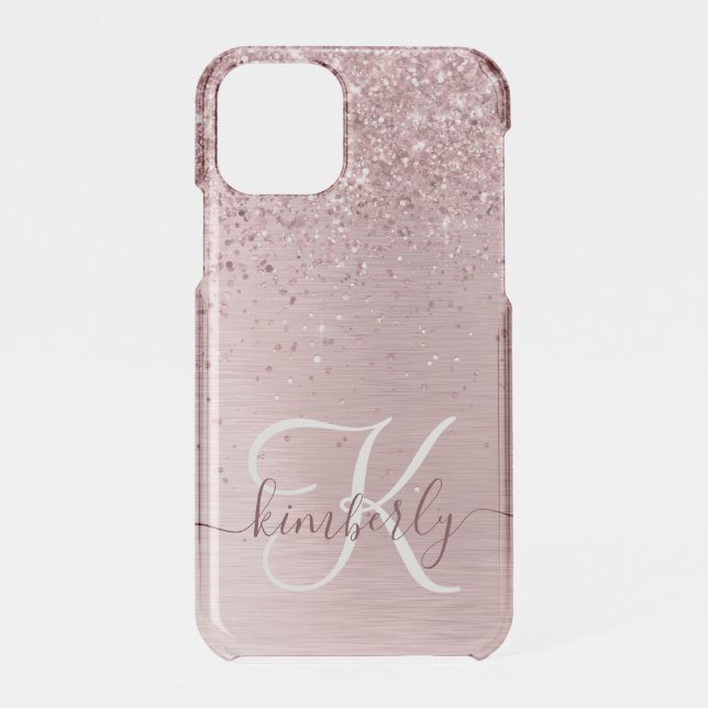 Blush Pink Brushed Metal Glitter Monogram Name Uncommon iPhone Case (Back)