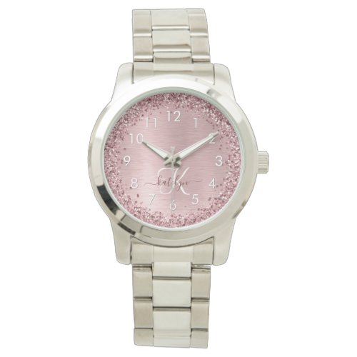 Blush Pink Brushed Metal Glitter Monogram Name Watch