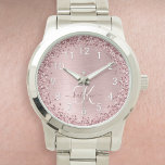 Blush Pink Brushed Metal Glitter Monogram Name Watch<br><div class="desc">Easily personalize this trendy chic watch design featuring pretty blush pink sparkling glitter on a blush pink brushed metallic background.</div>
