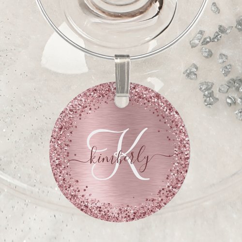 Blush Pink Brushed Metal Glitter Monogram Name Wine Charm