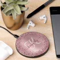 Blush Pink Brushed Metal Glitter Monogram Name Wireless Charger