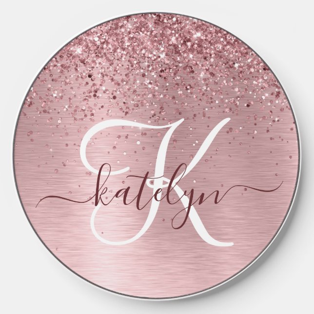 Blush Pink Brushed Metal Glitter Monogram Name Wireless Charger (Front)