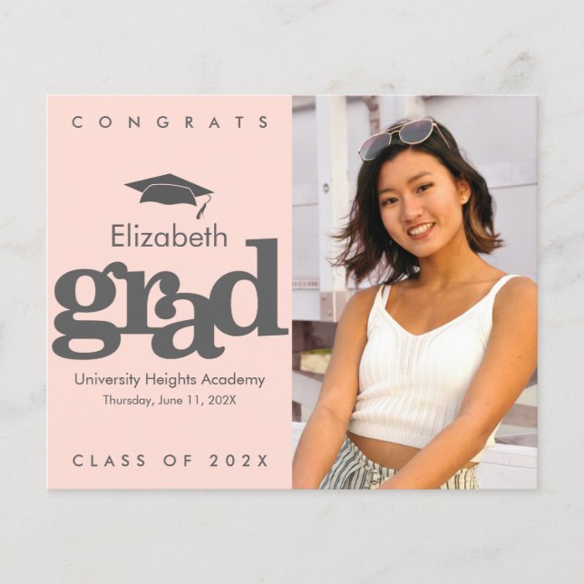 Blush Pink Budget Photo Grad Gray Cap Invitation (Front)