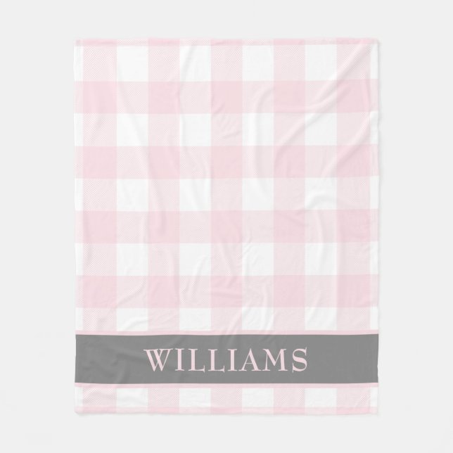 Blush Pink Buffalo Check Family Monogram Fleece Blanket (Front)