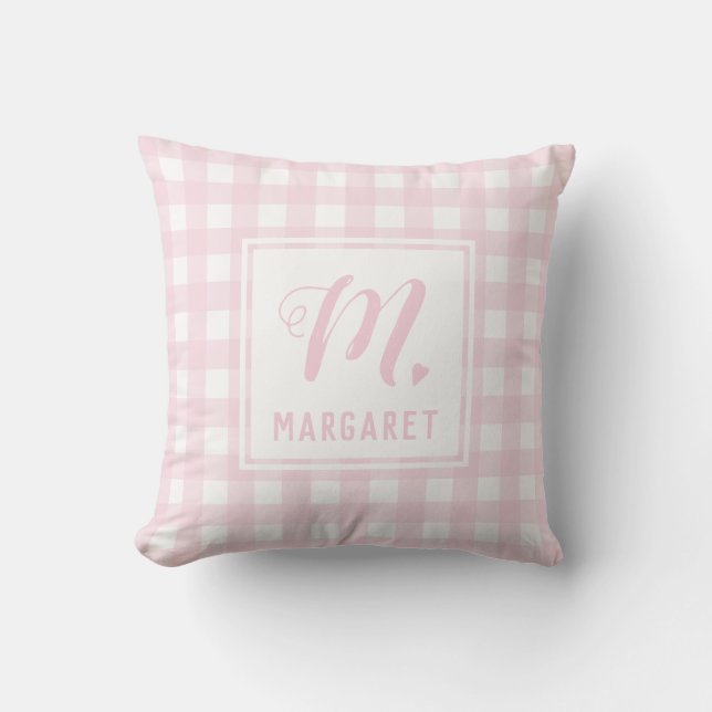 Blush Pink Buffalo Plaid Monogram Girls Name Throw Pillow (Front)