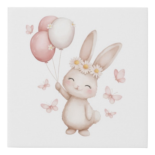 Blush Pink Bunny with Balloons Nursery Wall Art (Front)