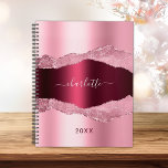 Blush pink burgundy agate marble name 2024 planner<br><div class="desc">Blush pink and burgundy,   metal and agate,  marble stone print as background.  Personalize and add your name. The name is written with a modern hand lettered style script.</div>