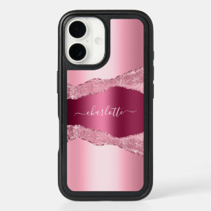 Blush pink burgundy agate marble name iPhone 16 case