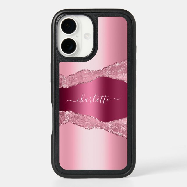 Blush pink burgundy agate marble name otterbox iPhone case (Back)