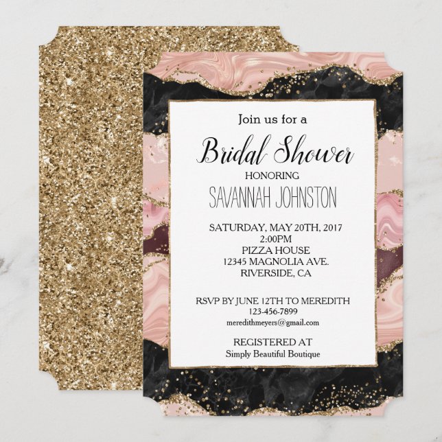 Blush Pink Burgundy Black Glitzy Bridal Shower Invitation (Front/Back)