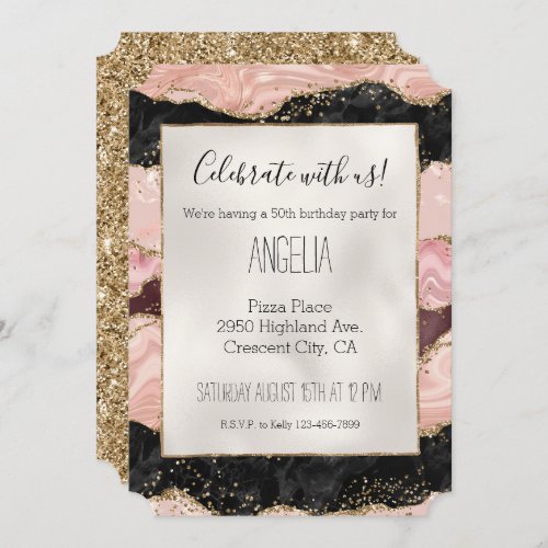 Blush Pink Burgundy Black Glitzy Glitter Invitation