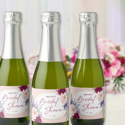 Blush Pink  Burgundy Bloom Bridal Shower  Sparkling Wine Label