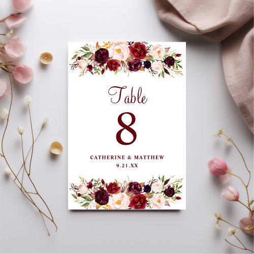 Blush Pink Burgundy Elegant Floral Wedding Table Number