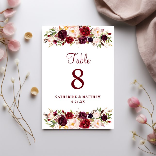 Blush Pink Burgundy Elegant Floral Wedding Table Number (Creator Uploaded)