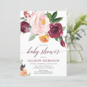 Blush pink burgundy fall floral girl baby shower invitation (Standing Front)