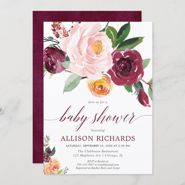 Blush pink burgundy fall floral girl baby shower invitation (Front/Back)