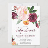Blush pink burgundy fall floral girl baby shower invitation (Front)