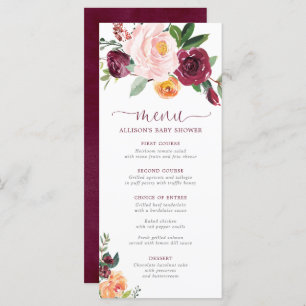Blush pink burgundy fall floral shower menu