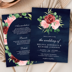 Blush Pink Burgundy Floral All in One Navy Wedding Invitation