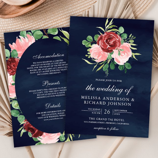 Blush Pink Burgundy Floral All in One Navy Wedding Invitation (Creator Uploaded)