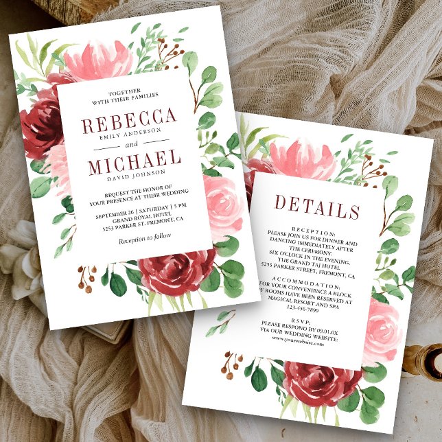 Blush Pink Burgundy Floral All in One Wedding Invitation (Creator Uploaded)