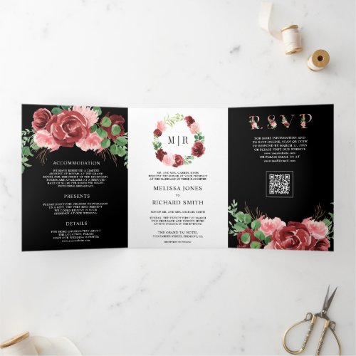 Blush Pink Burgundy Floral Black QR Code Wedding Tri-Fold Invitation