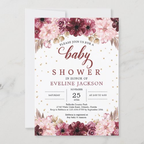 Blush pink burgundy floral boho girl baby shower invitation