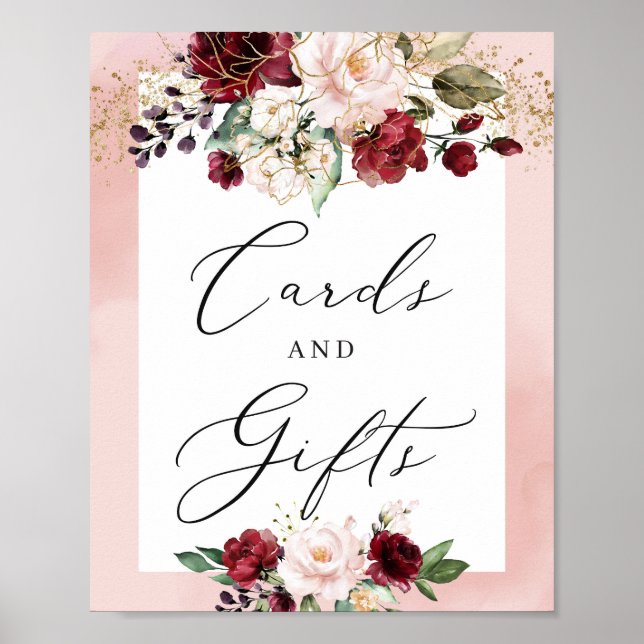 Blush pink burgundy floral cards and gifts sign (Front)