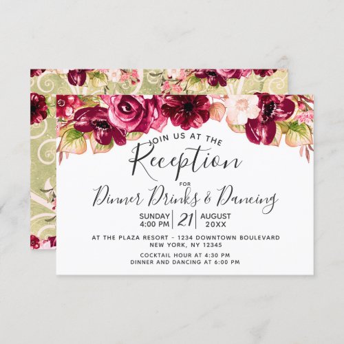 Blush Pink Burgundy Floral Drop Wedding Reception Invitation