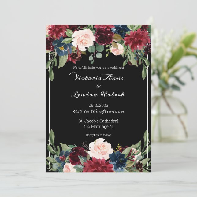 Blush Pink Burgundy Floral Elegant Script Wedding Invitation (Standing Front)
