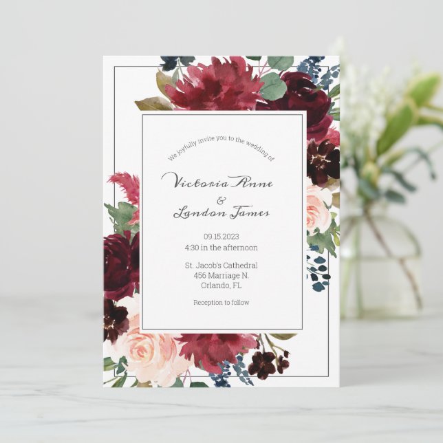 Blush Pink Burgundy Floral Elegant Script Wedding Invitation (Standing Front)
