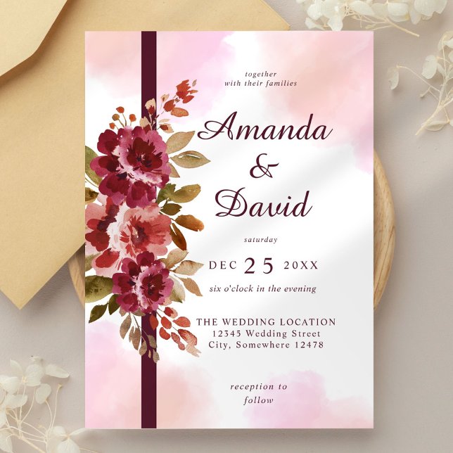 Blush Pink Burgundy Floral Elegant Wedding Invitat Invitation (Creator Uploaded)