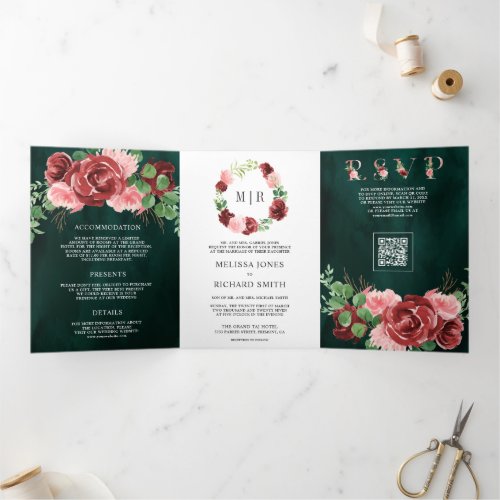 Blush Pink Burgundy Floral Emerald QR Code Wedding Tri-Fold Invitation