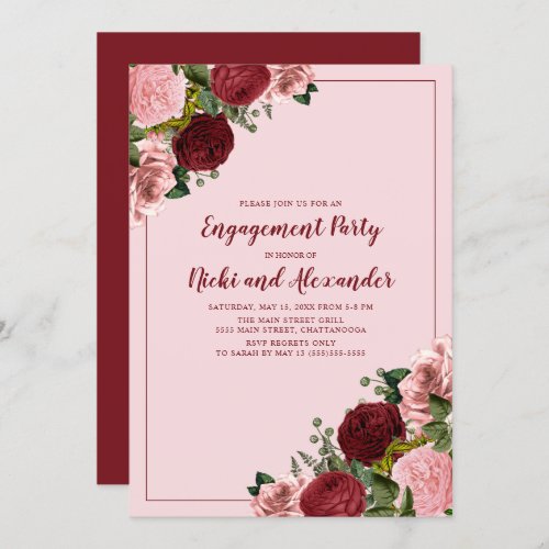 Blush Pink Burgundy Floral Engagement Party Invitation