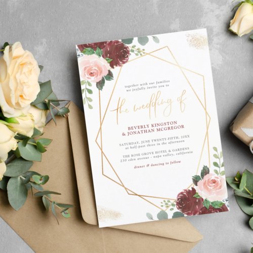 Blush Pink  Burgundy Floral Gold Greenery Wedding Invitation