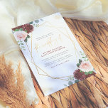 Blush Pink & Burgundy Floral Gold Greenery Wedding Invitation<br><div class="desc">This elegant collection features blush pink and burgundy watercolor flowers and eucalyptus greenery paired with a modern gold geometric border and printed gold glitter. Your event details appear in the center with "the wedding of" in hand-written script calligraphy, and your names in bold serif capitals. Cards reverse to a soft...</div>