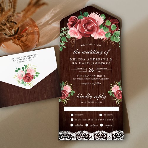 Blush Pink Burgundy Floral Lace Barn Wood Wedding All In One Invitation